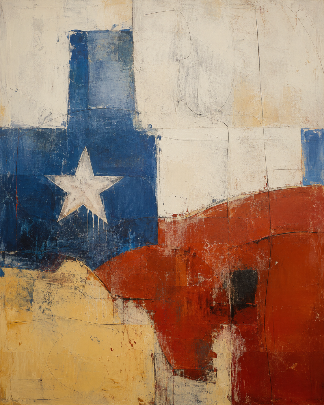 Abstract painting of the Texas flag rendered in layered quartz-blue, rust red oxide, warm cream, and pale ochre fields with a weathered plaster surface.